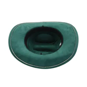 Green suede cowboy hat detail showing interior lining and neat white brim edge stitching.