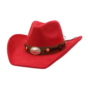 Red suede cowboy hat detail shot, wide brim western fedora with bull buckle for autumn.