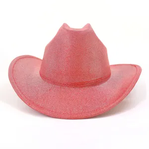 Vue détaillée du chapeau de cowboy occidental scintillant rouge, large bord chapeau de jazz.