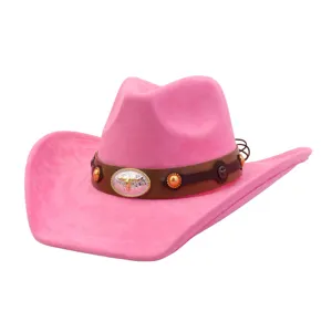 Pink suede cowboy hat detail, wide brim fedora with western bull skull buckle and brown band.