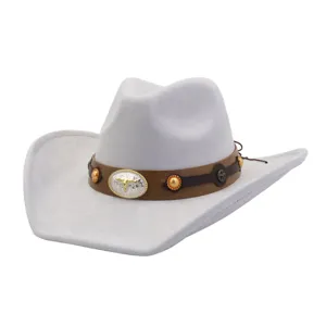 Close-up detail of grey suede cowboy hat with brown leather band and metal bull skull decor.