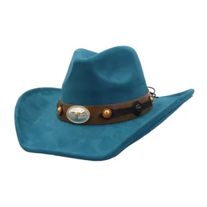 Blue suede cowboy hat with metallic bull skull buckle and brown leather band for women men.