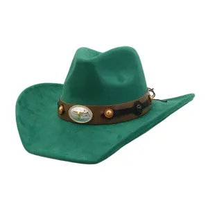Green suede cowboy hat featuring a brown band, bull skull buckle, and stylish western design detail.