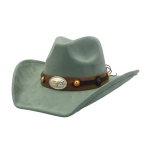 Close up of green suede cowboy hat detail, showcasing brown leather band and metal bull buckle.