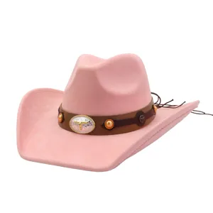 Pink suede western cowboy hat detail view shot, retro jazz hat with metallic skull buckle.