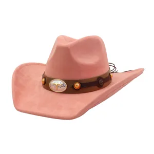 Pink suede cowboy hat detail, western style jazz hat with metal buckle for autumn winter.