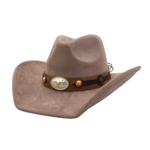 Brown soft suede cowboy hat detail, wide brim western fedora with metal bull skull decorative band.