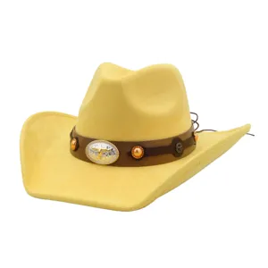 Detailed view of yellow soft suede cowboy hat with brown leather band and metal bull buckle.