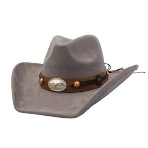 Grey suede cowboy hat with brown leather band and metallic longhorn buckle detail.