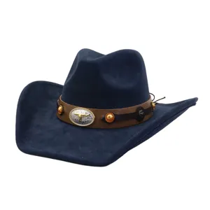 Details of the dark blue suede cowboy hat with brown leather band and bull skull metal buckle.