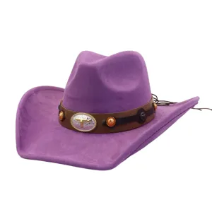 Purple suede cowboy hat with brown band, metal studs and longhorn buckle for western style.