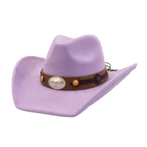 Light purple suede cowboy hat with brown leather band and metallic bull skull buckle detail.