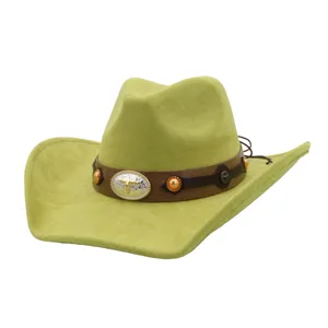Green suede cowboy hat with brown leather band and metal bull skull buckle detail accessory.