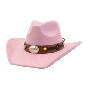 Pink suede cowboy hat for women, western cowgirl rodeo hat with metal bull buckle and belt.