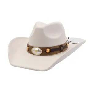 Detail close-up of a stylish white faux suede western cowboy hat with a brown decorative band.