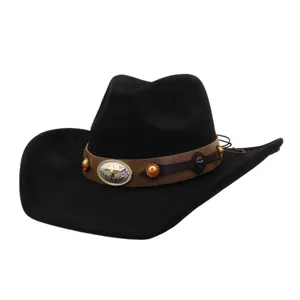 Black faux suede cowboy hat with brown decorative band and metal bull skull ornament.