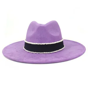 Purple faux suede fedora hat for women with black band and white beaded trim wide brim