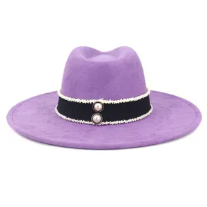 Women's Purple Suede Fedora Hat Wide Brim Flat Fedora with Pearl and Bead Trim Elegant