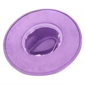 Purple suede wide brim fedora hat for women, stylish flat brim jazz cap interior view.
