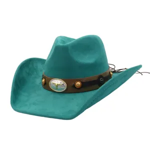 Detailed close-up of the teal suede cowboy hat showcasing its decorative leather band and bull skull buckle.
