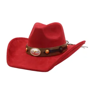 Red suede western cowboy hat with detailed leather band, metal studs and bull skull buckle.