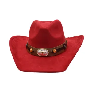 Red suede western cowboy hat for women men, retro wide brim jazz hat outdoor fashion fedora