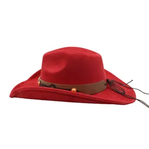 Red suede cowboy hat for women men, vintage western jazz cap with leather band and side ties.