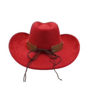 Red suede cowboy hat detail, wide brim fedora hat, retro western style fashion accessory.