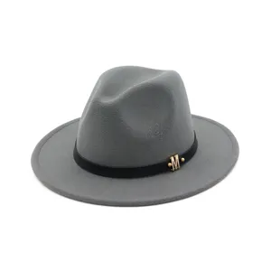 Chapeau fedora gris en laine pour femme, élégant chapeau avec bandeau en cuir et lettre M.