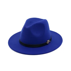Chapeau fedora en feutre bleu roi pour femmes, élégant chapeau de jazz avec ceinture noire.