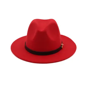 Chapeau fedora en laine rouge pour femme automne hiver bord plat jazz avec ceinture noire