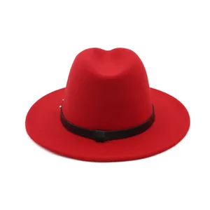 Chapeau fedora en laine rouge pour femme, chapeau de jazz à bord plat automne hiver boucle.