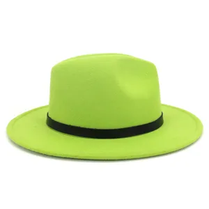 Chapeau fedora en laine verte pour femme, chapeau jazz à bord plat avec ceinture noire hiver.