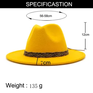 Gelber Wollfilz Fedora Hut fuer Damen, breite Krempe Jazzhut mit geflochtenem Band, Details.