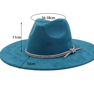 Teal suede fedora hat with rhinestone band, elegant wide brim jazz hat for women stylish.