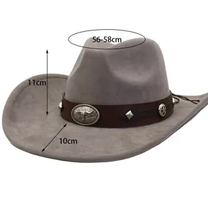 Sombrero de vaquero de ante gris con banda marrón y hebilla de metal, ala ancha para verano.