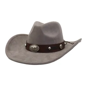 Sombrero de Vaquero de Ante Unisex Moda Western Ala Ancha Jazz Cap Vintage Decoración de Cabeza de Toro Primavera Verano