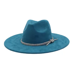 Turquoise faux suede fedora hat with sparkly rhinestone band detail closeup shot style.