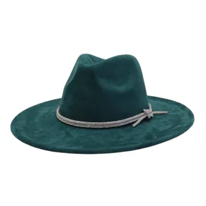 Dark green suede fedora hat with sparkly rhinestone band, elegant wide brim detail.