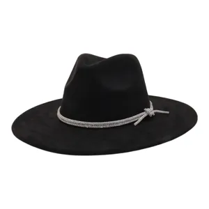 Black suede fedora hat with sparkling rhinestone band, elegant wide brim jazz hat for women.