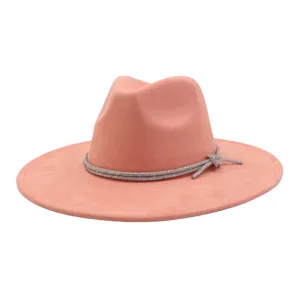 Pink suede felt fedora hat for women, wide brim jazz cap with sparkling rhinestone bow band.