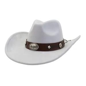 Sombrero de vaquero de ante con correa de cuero marrón y cráneo de toro, sombrero de jazz ala.