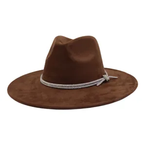 Brown faux suede fedora hat with sparkly rhinestone band, wide brim jazz hat for women.