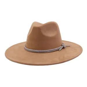 Detailed close-up view of the camel felt fedora hat featuring a sparkling rhinestone band.