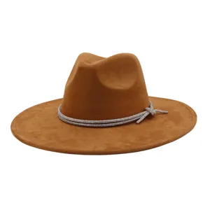 Classic brown suede fedora hat with sparkly rhinestone band elegant wide brim design.