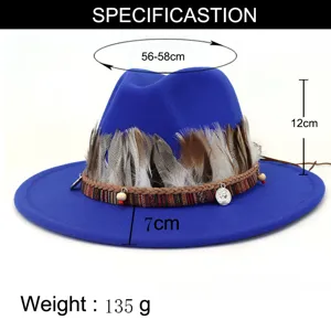 Sombrero fedora de lana azul con pluma étnica y banda tejida, elegante otoño e invierno.