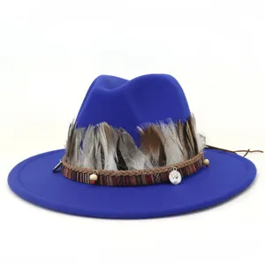 Sombrero fedora de lana azul con banda de plumas étnicas, ala ancha sombrero de jazz mujer otoño