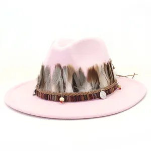 Sombrero Fedora de Lana Rosa Etnico Pluma Jazz Mujer Ala Ancha Invierno Moda Chic