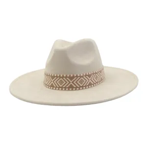 Beige suède fedora hoed met geometrisch geweven band brede rand vintage hoed voor dames en heren