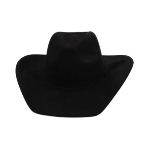 Detalle de sombrero de vaquero de ante negro, hermoso flequillo elegante, ala ancha.